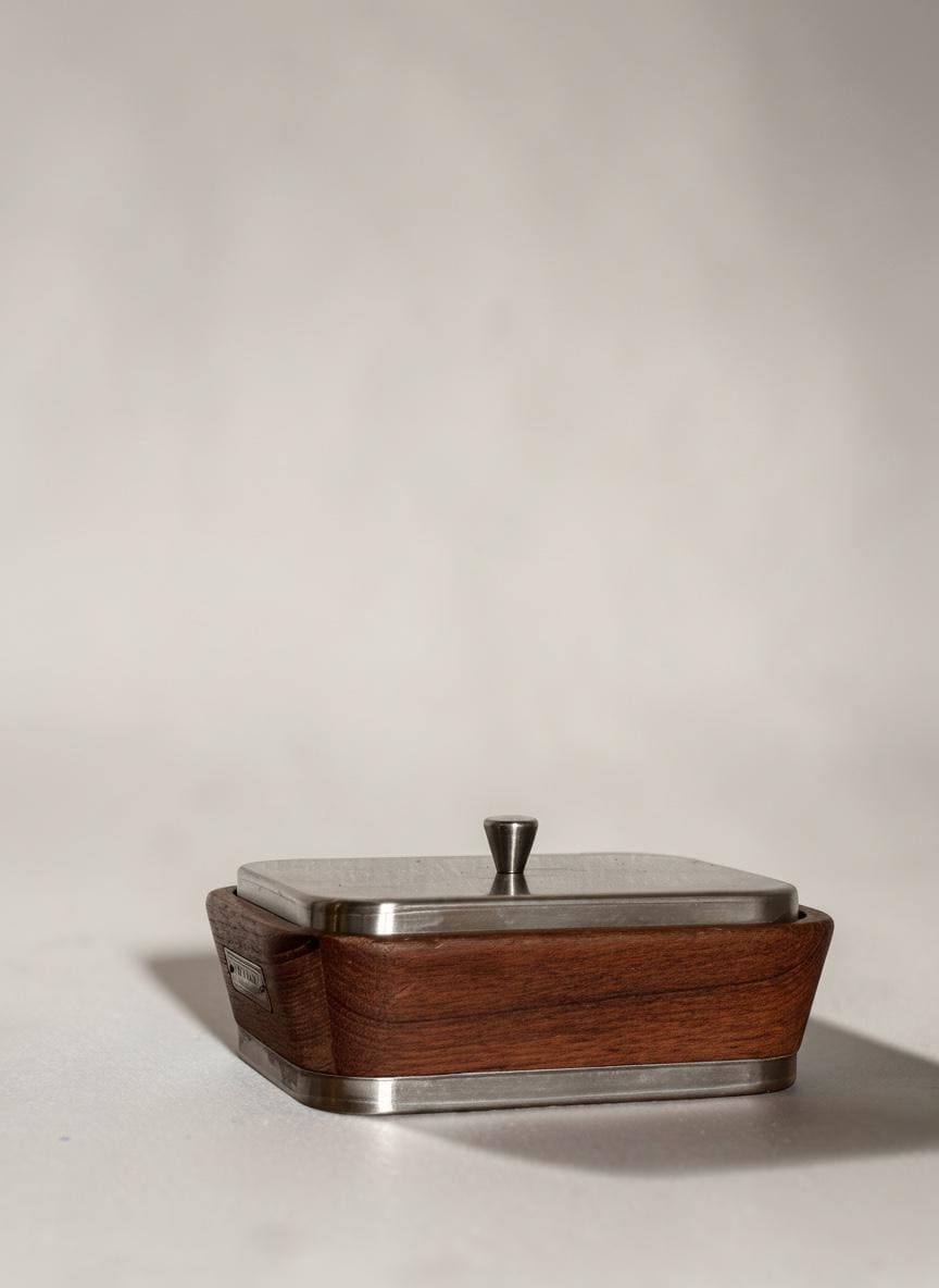 May include: A rectangular butter dish featuring a dark brown wooden base with a smooth finish, a brushed stainless steel lid, and a small, centered conical metal knob. A small rectangular metal plate is attached to the side of the wooden base. __etsy:8380220051