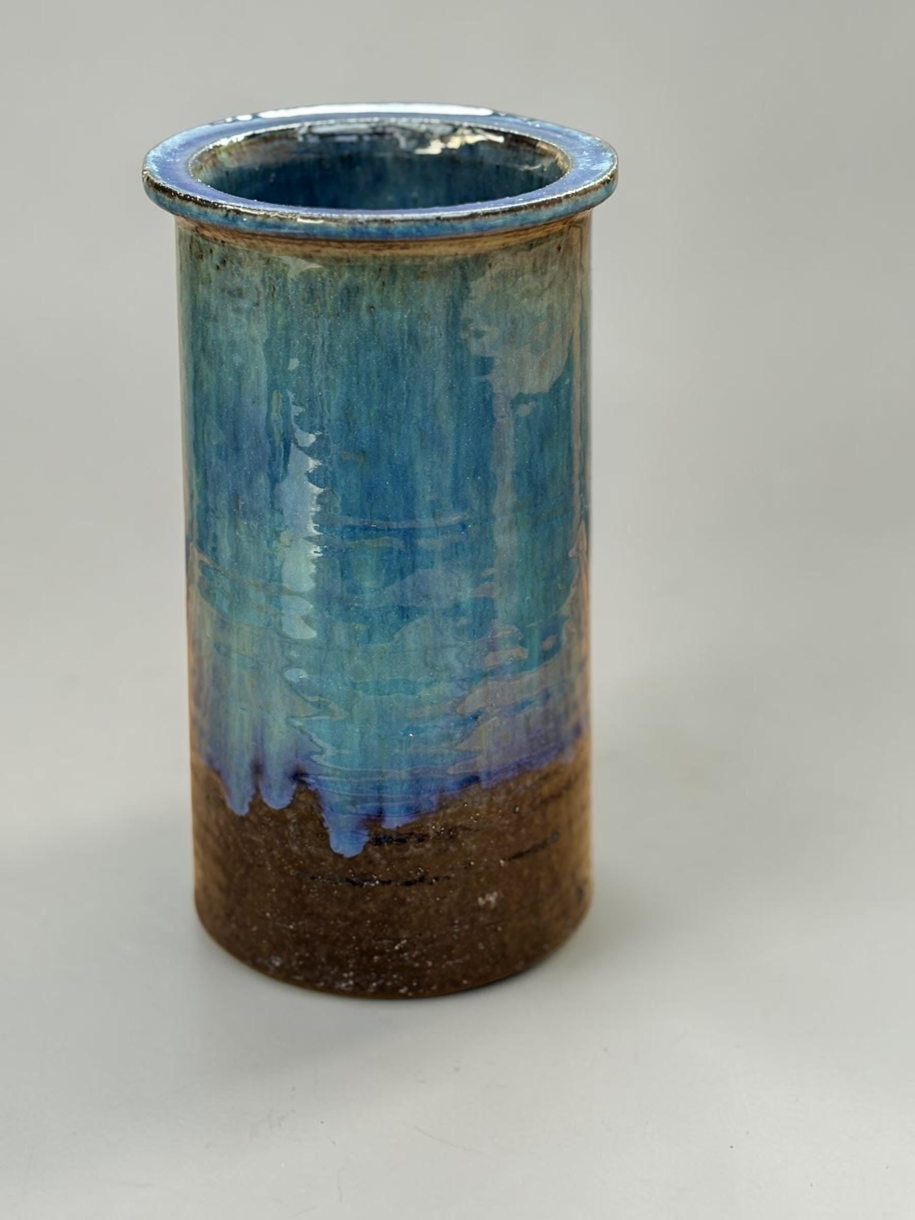 Belka Stentoej (Stenhøj) blue drip glaze stoneware cylinder vase made in Denmark __etsy:8196079249