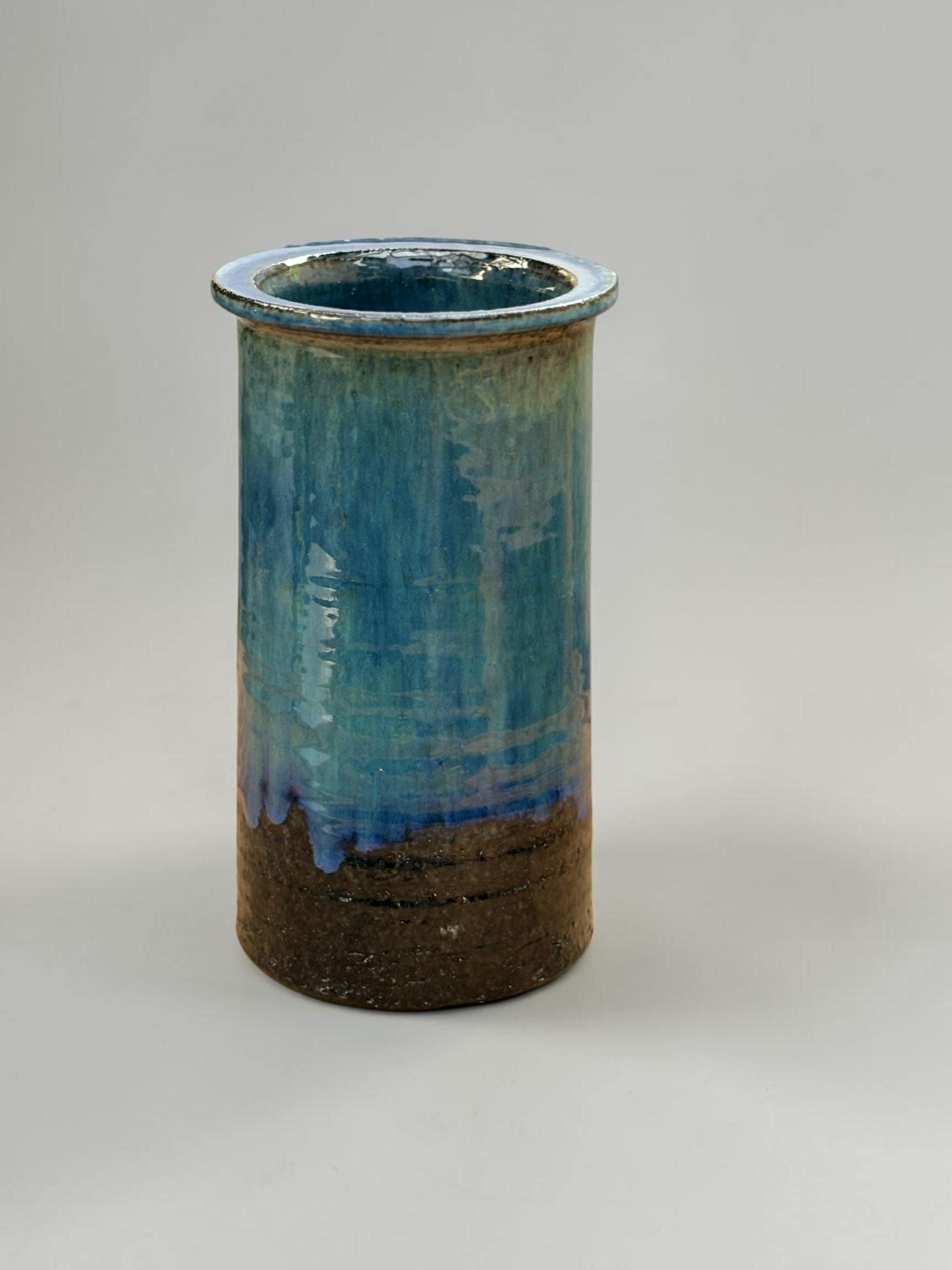 Belka Stentoej (Stenhøj) blue drip glaze stoneware cylinder vase made in Denmark __etsy:8148163556