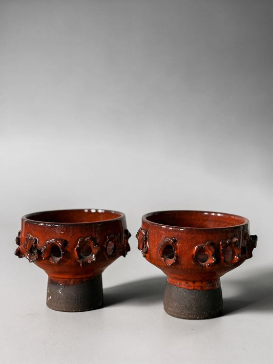 Brutalist studio ceramic candleholder pair in  pierced stoneware with orange red glaze __etsy:8163082961