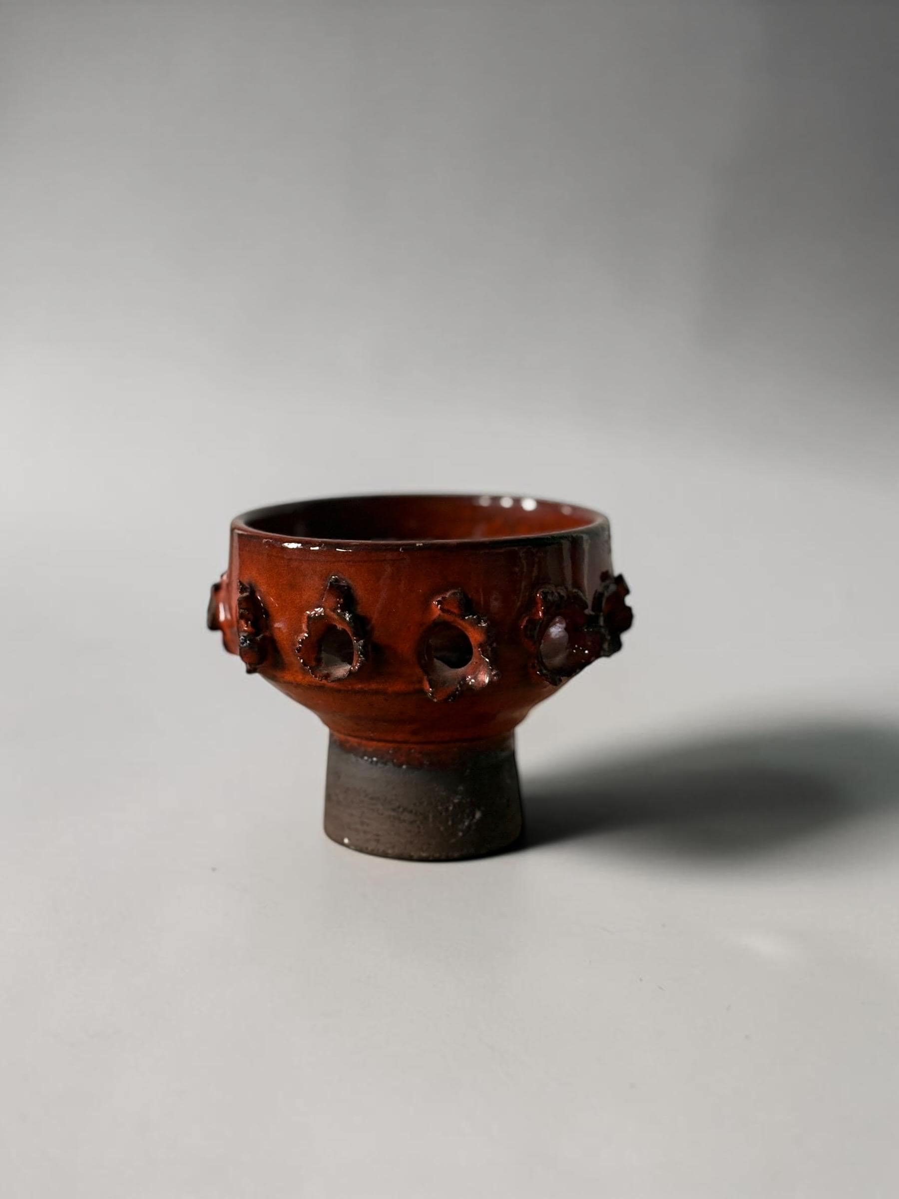 Brutalist studio ceramic candleholder pair in  pierced stoneware with orange red glaze __etsy:8163053517
