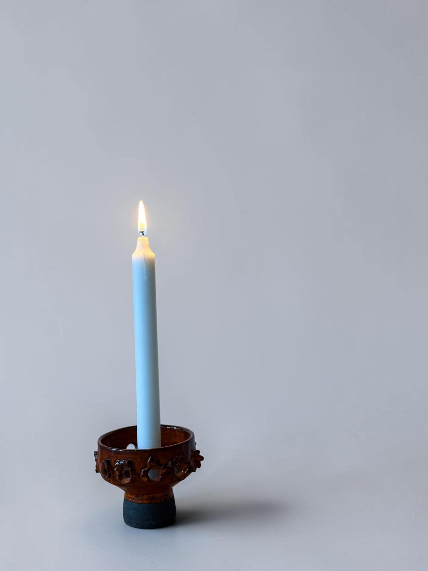 Brutalist studio ceramic candleholder pair in  pierced stoneware with orange red glaze __etsy:8205380617