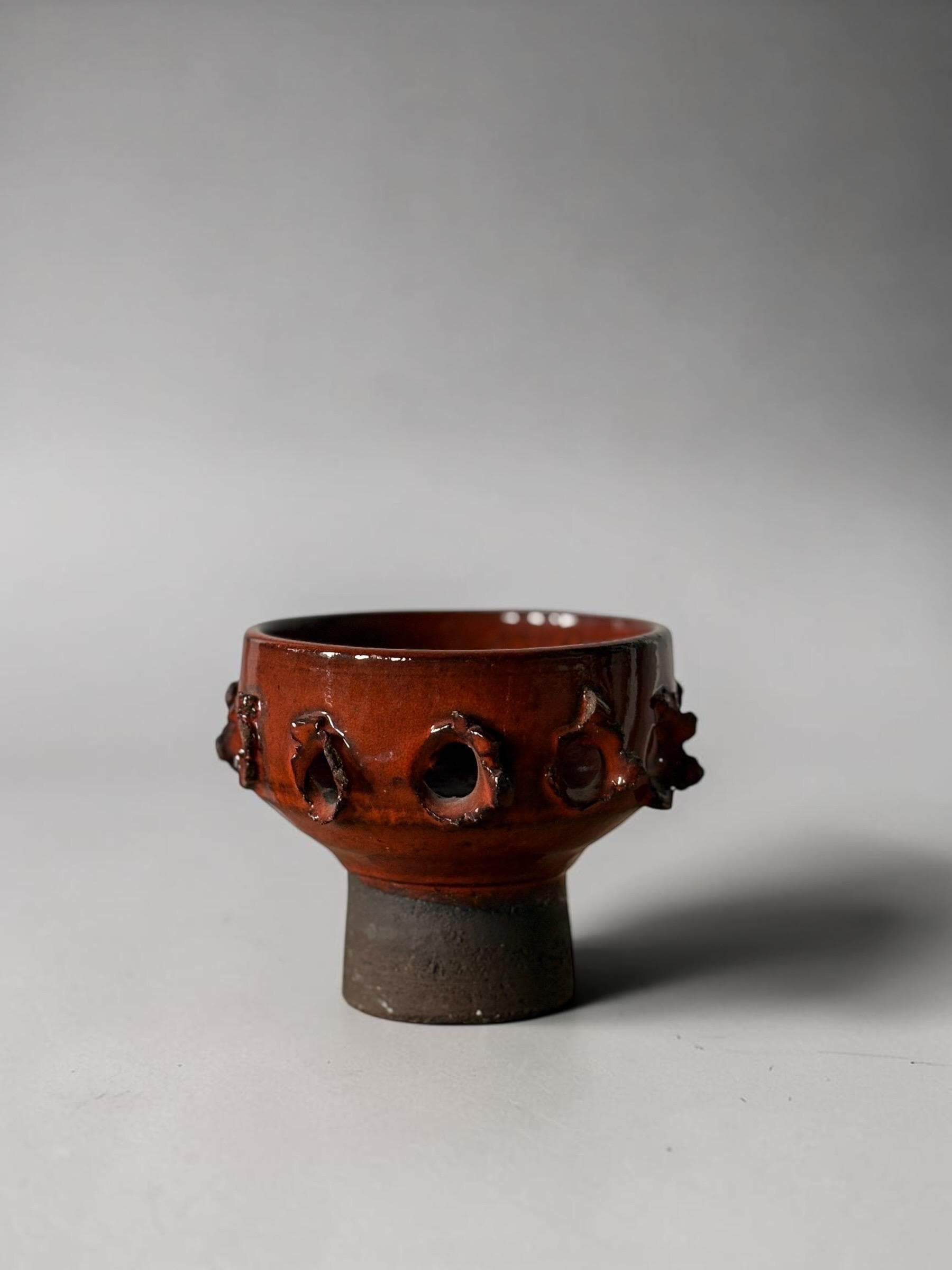 Brutalist studio ceramic candleholder pair in  pierced stoneware with orange red glaze __etsy:8163053509