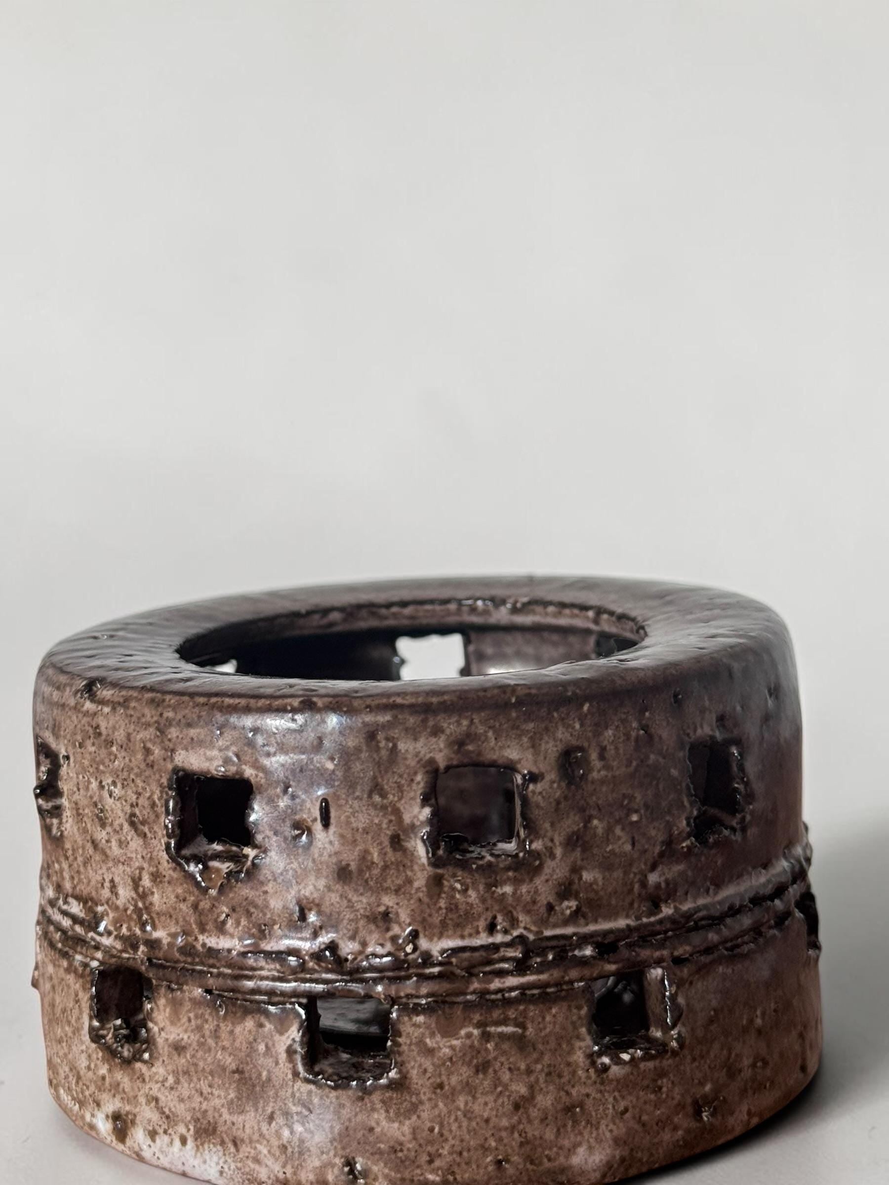 Danish stoneware vintage cutout brutalist tealight / studio pottery candle holder __etsy:8157478788