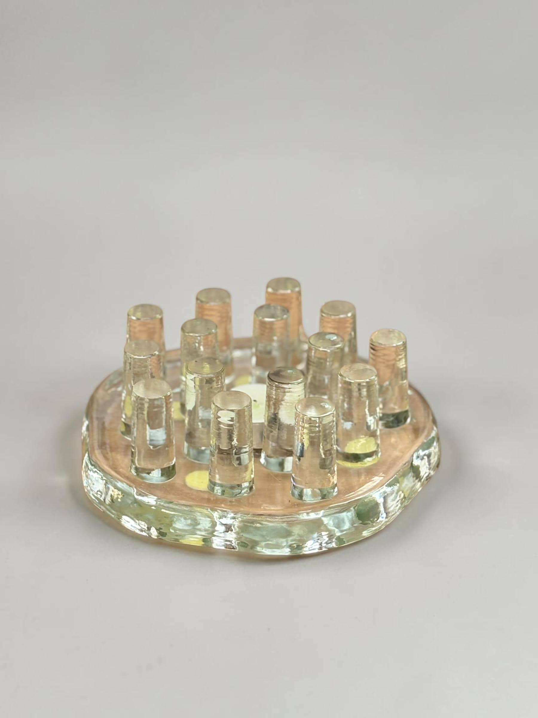 Georgshutte crystal candle holder vintage: German ice glass art multi pin centerpiece __etsy:8206340363