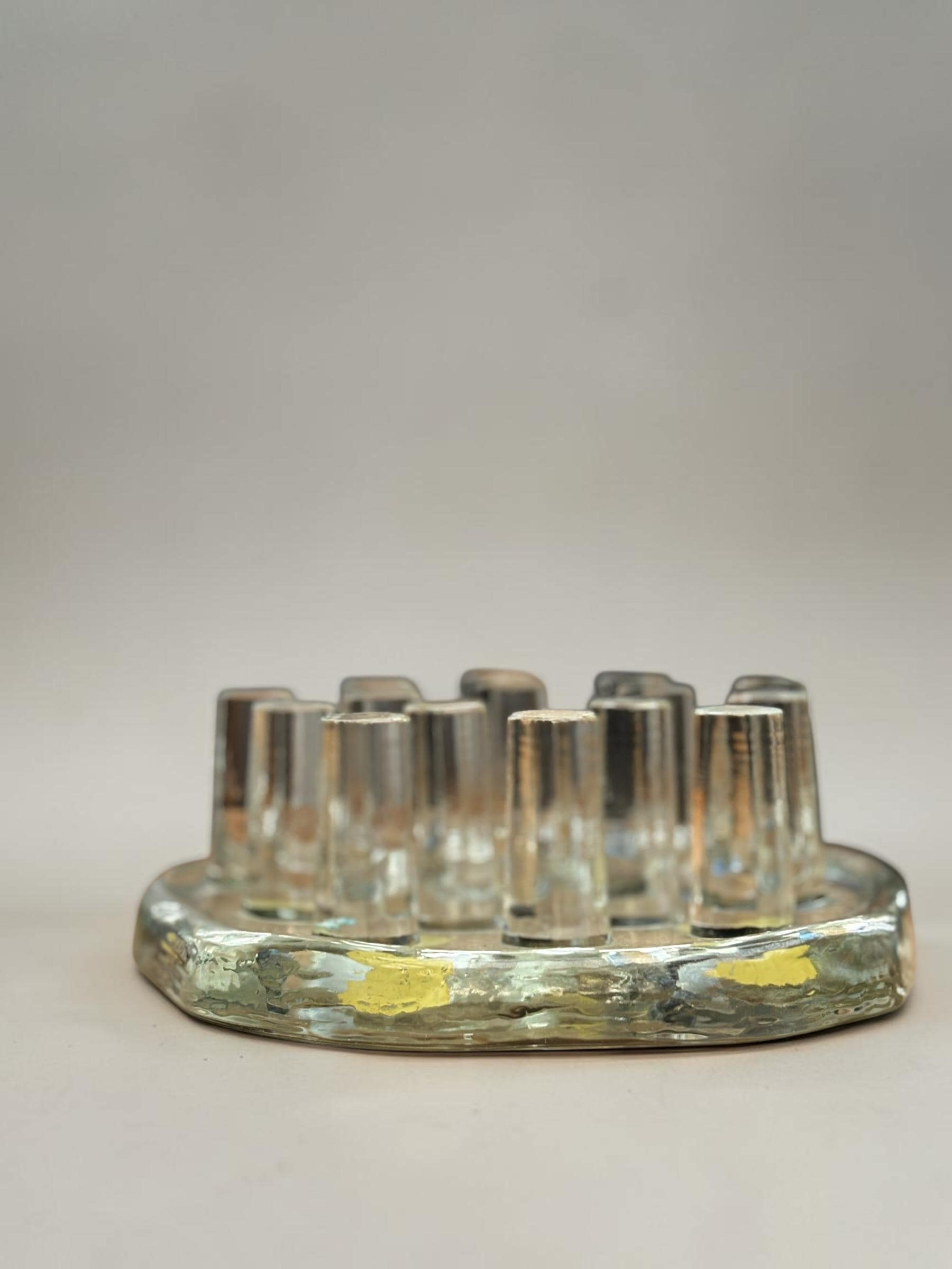 Georgshutte crystal candle holder vintage: German ice glass art multi pin centerpiece __etsy:8206337209