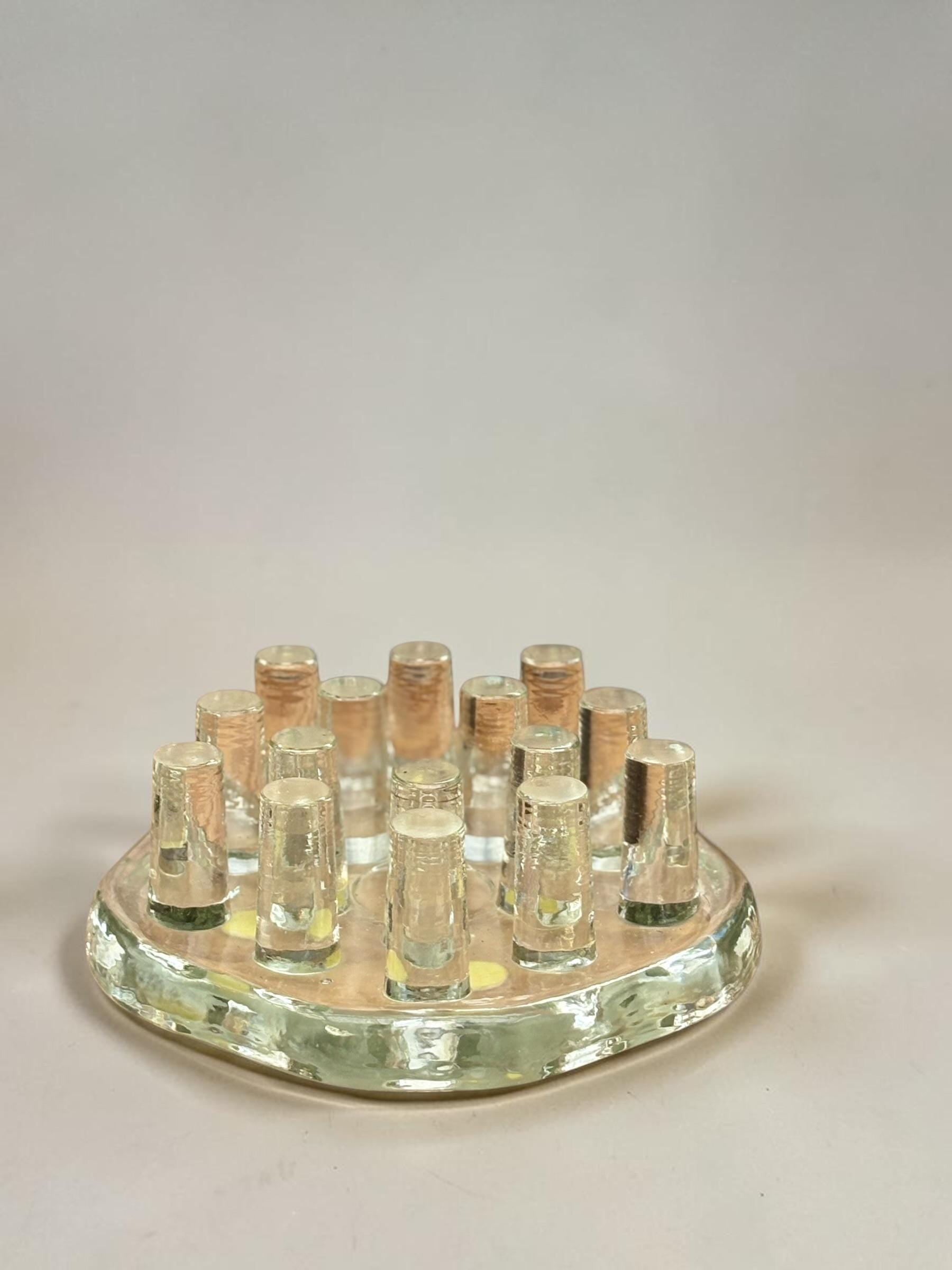 Georgshutte crystal candle holder vintage: German ice glass art multi pin centerpiece __etsy:8158411558