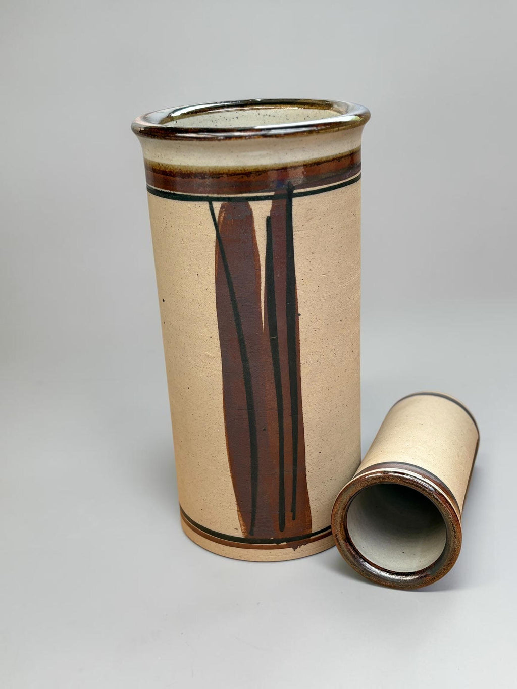 Hanne Stentøj Danish stoneware vase set cylindrical vases with brown brushstroke decor __etsy:8147077694