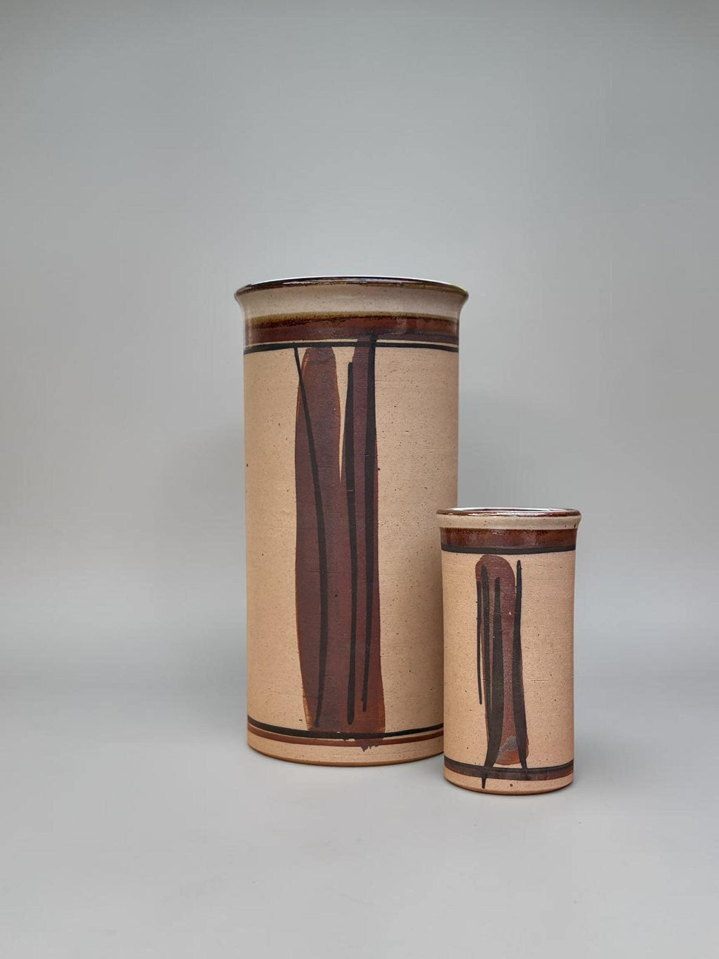 Hanne Stentøj Danish stoneware vase set cylindrical vases with brown brushstroke decor __etsy:8147077732