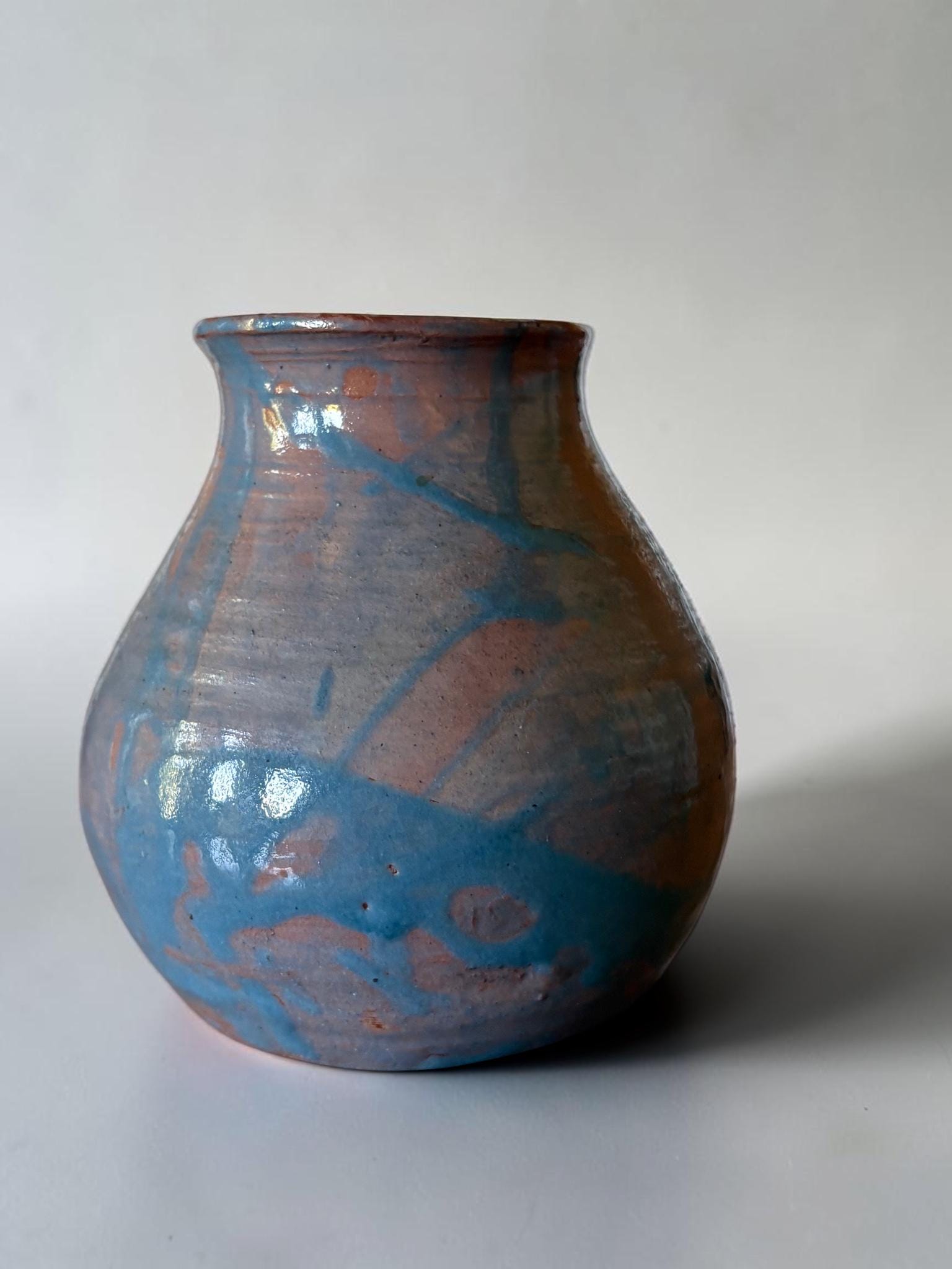 Vintage Danish studio pottery vase: Handthrown red clay with blue glaze __etsy:8068705862