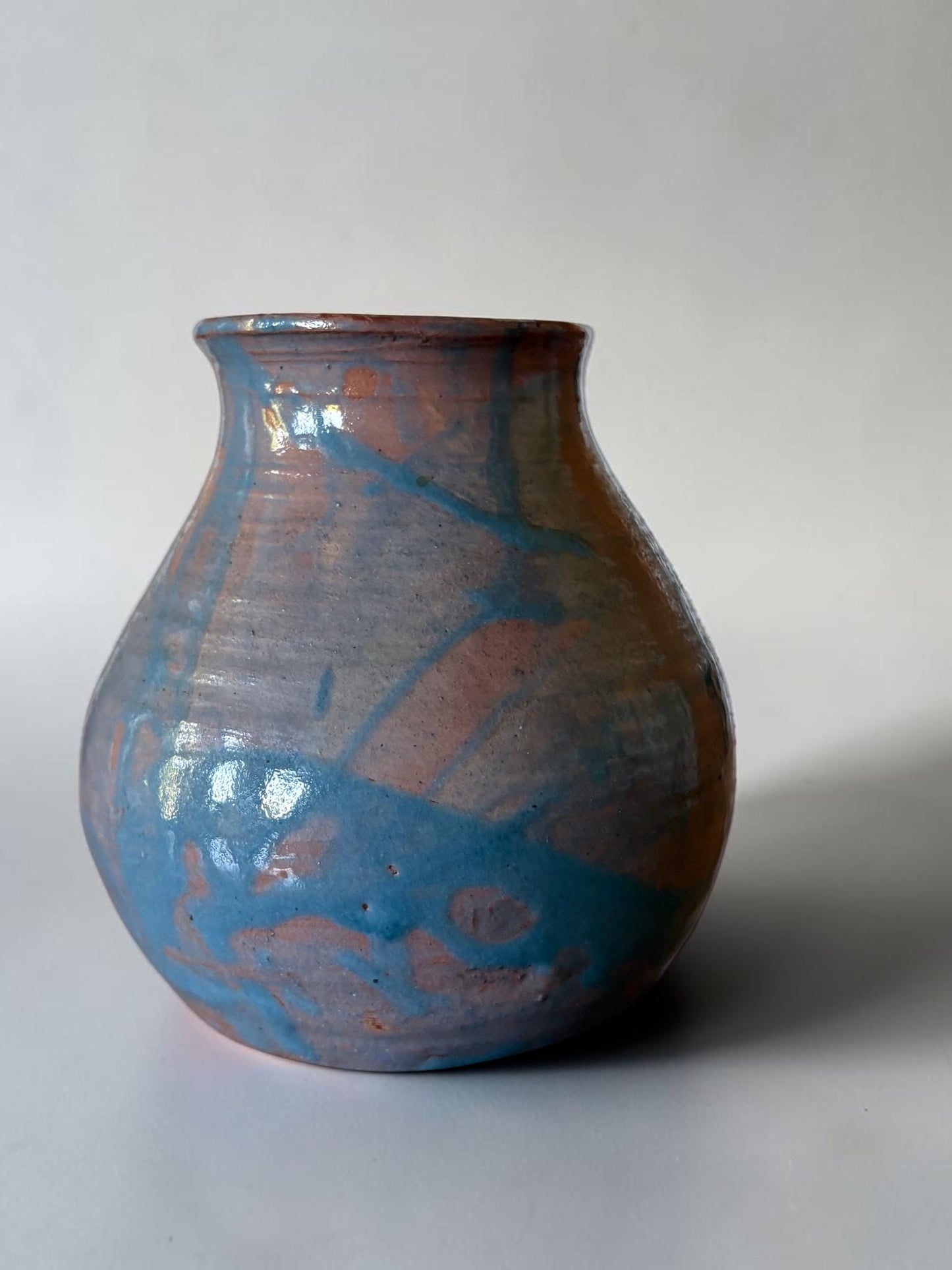 Vintage Danish studio pottery vase: Handthrown red clay with blue glaze