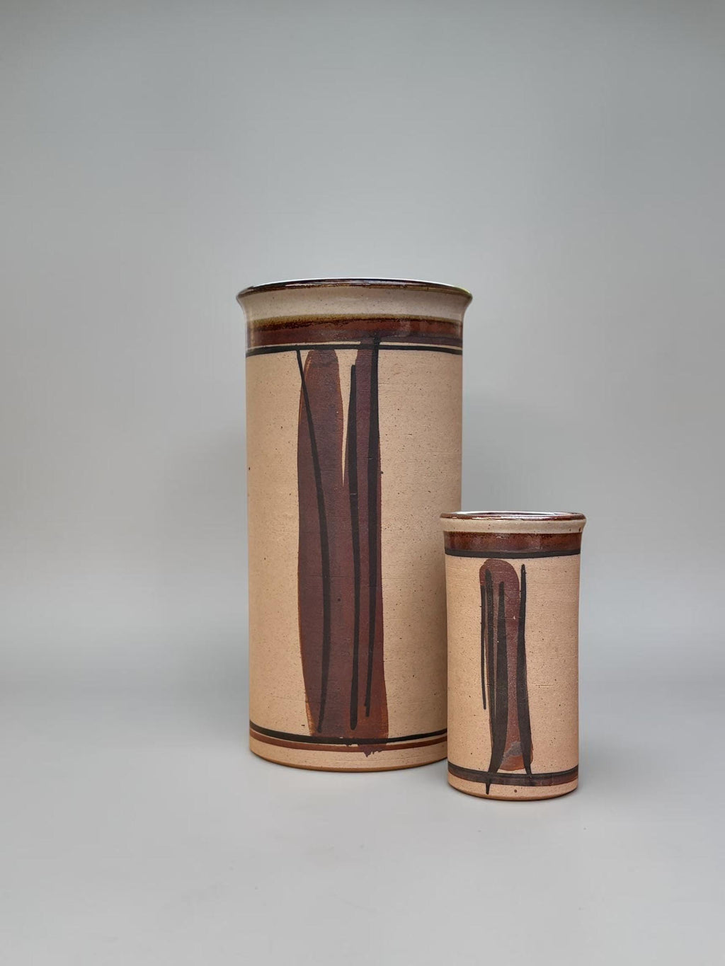 Hanne Stentøj Danish stoneware vase set cylindrical vases with brown brushstroke decor __etsy:8147077732