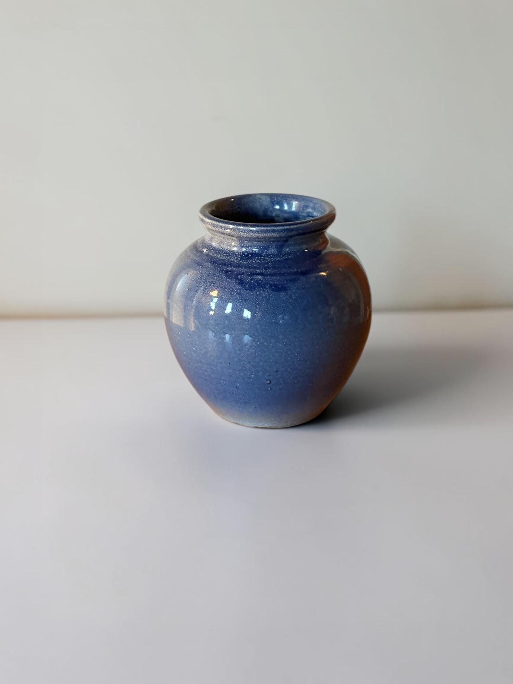 Vintage Danish studio pottery handmade ceramic bud vase in cobalt blue glaze