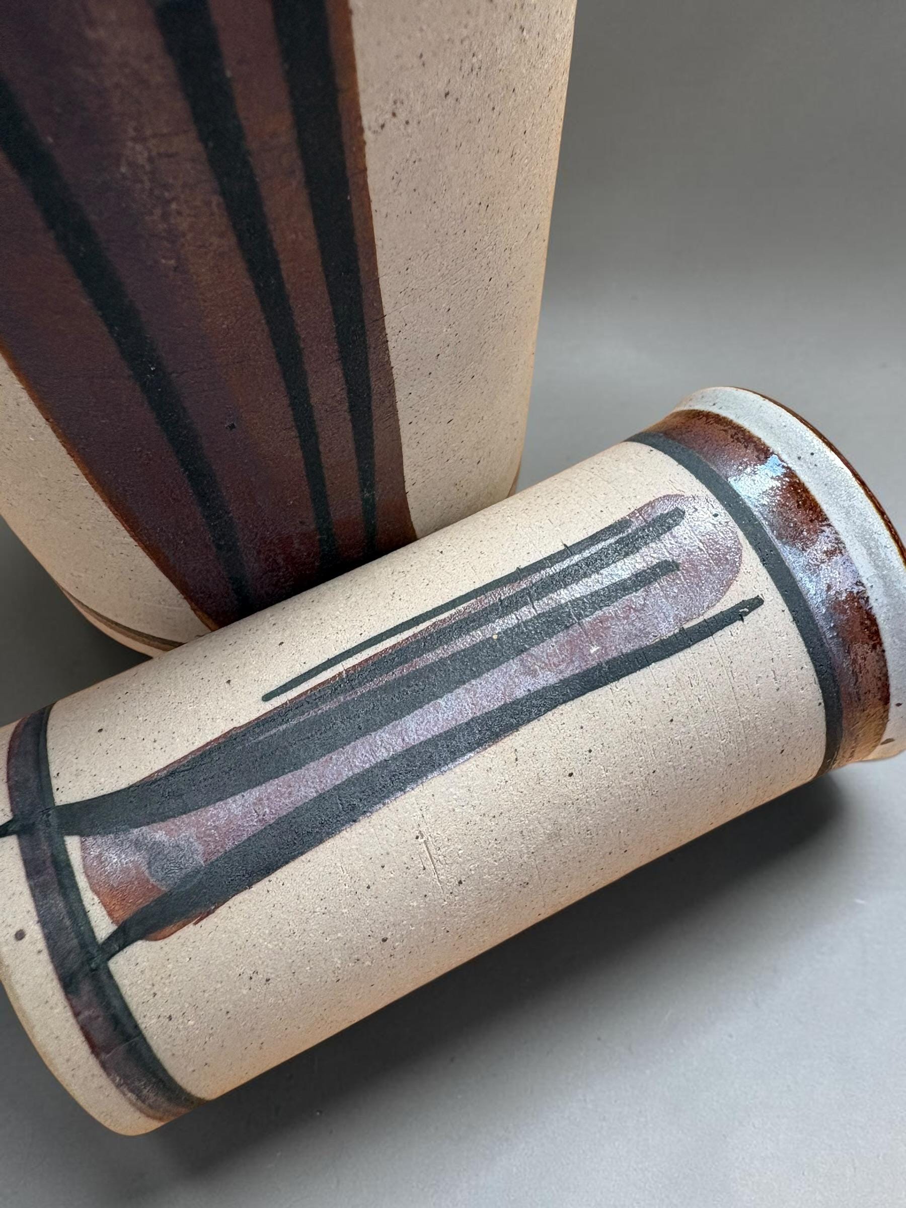 Hanne Stentøj Danish stoneware vase set cylindrical vases with brown brushstroke decor __etsy:8194979195
