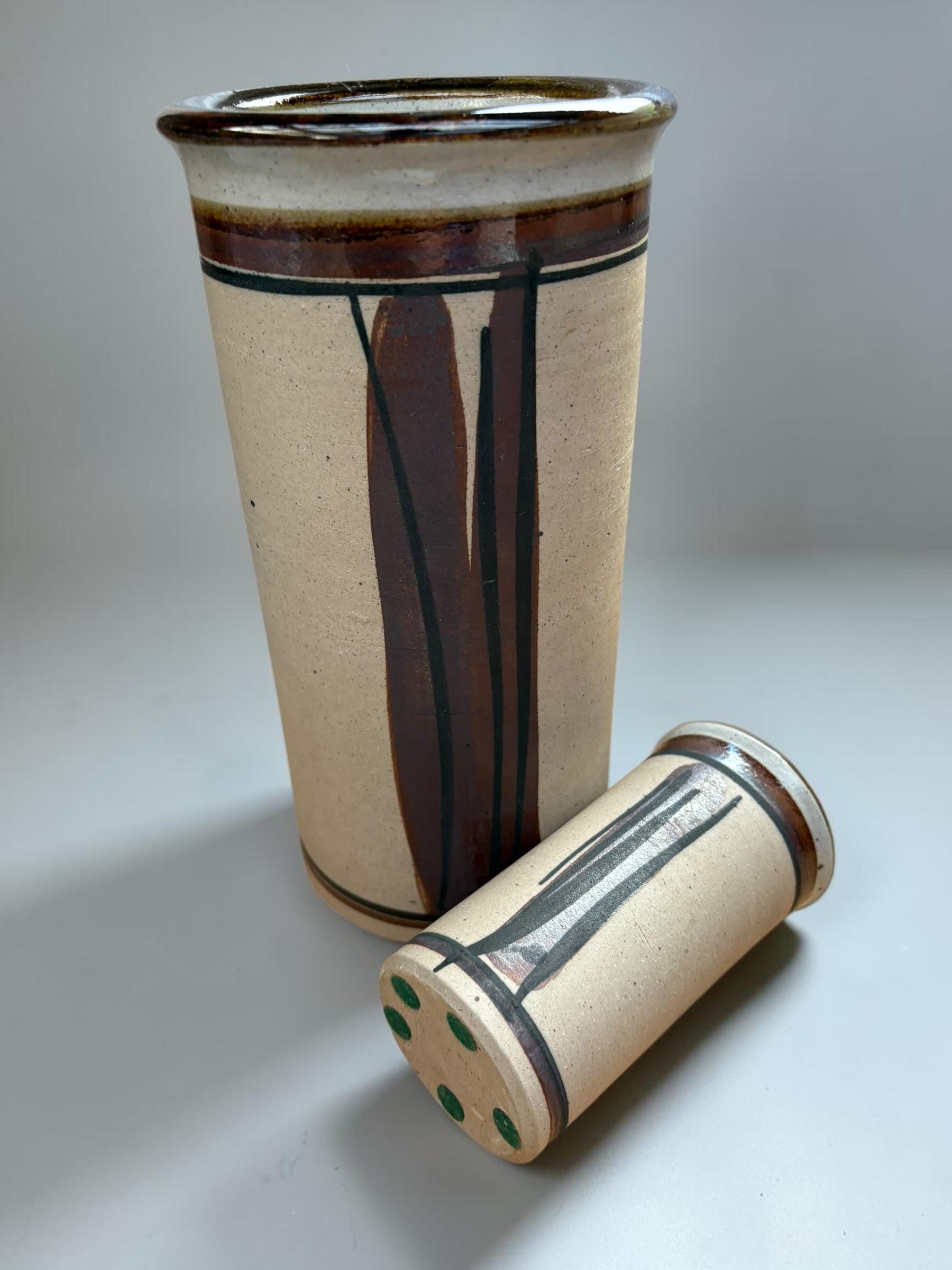 Hanne Stentøj Danish stoneware vase set cylindrical vases with brown brushstroke decor __etsy:8194979225