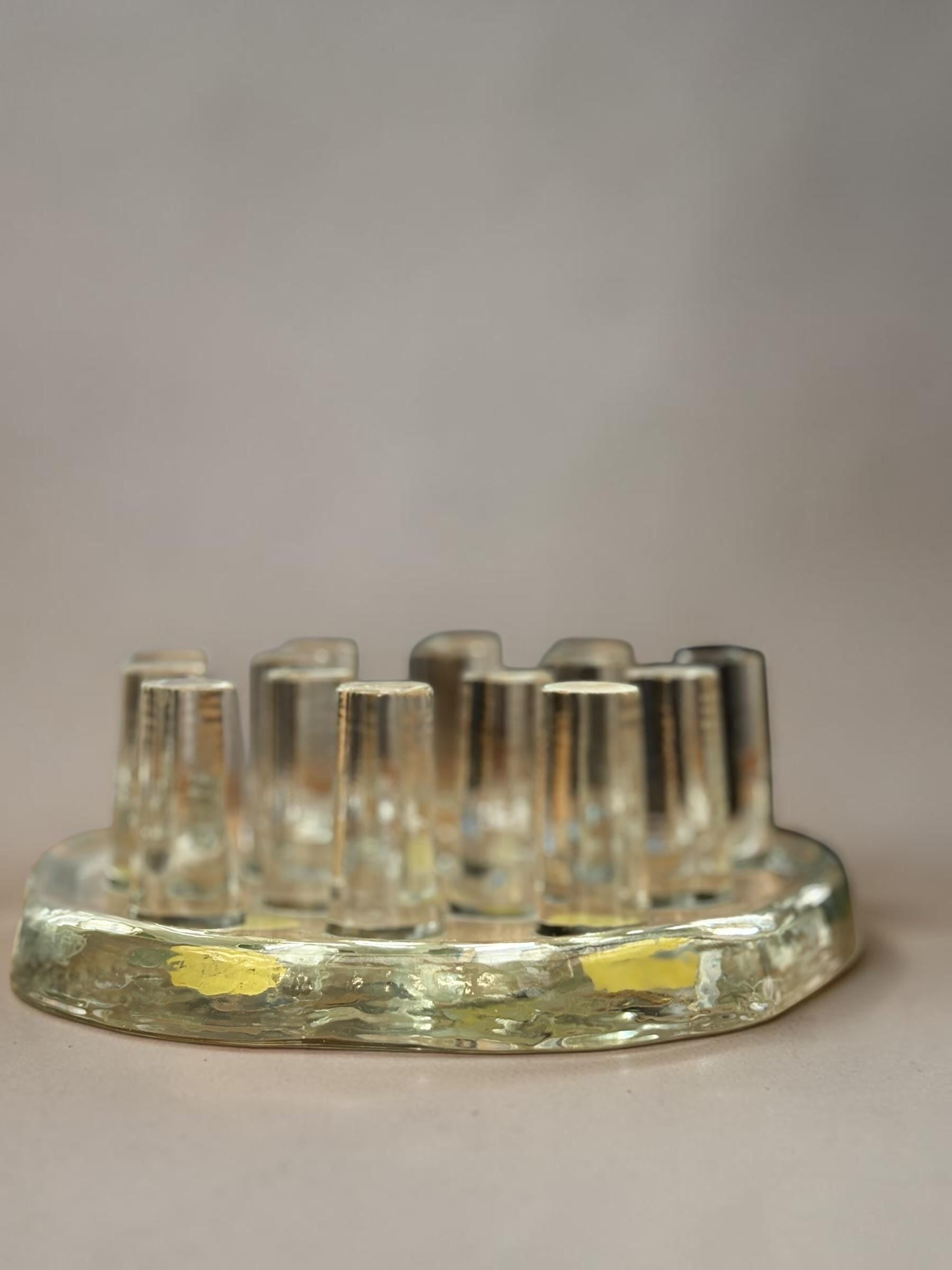 Georgshutte crystal candle holder vintage: German ice glass art multi pin centerpiece __etsy:8206337203