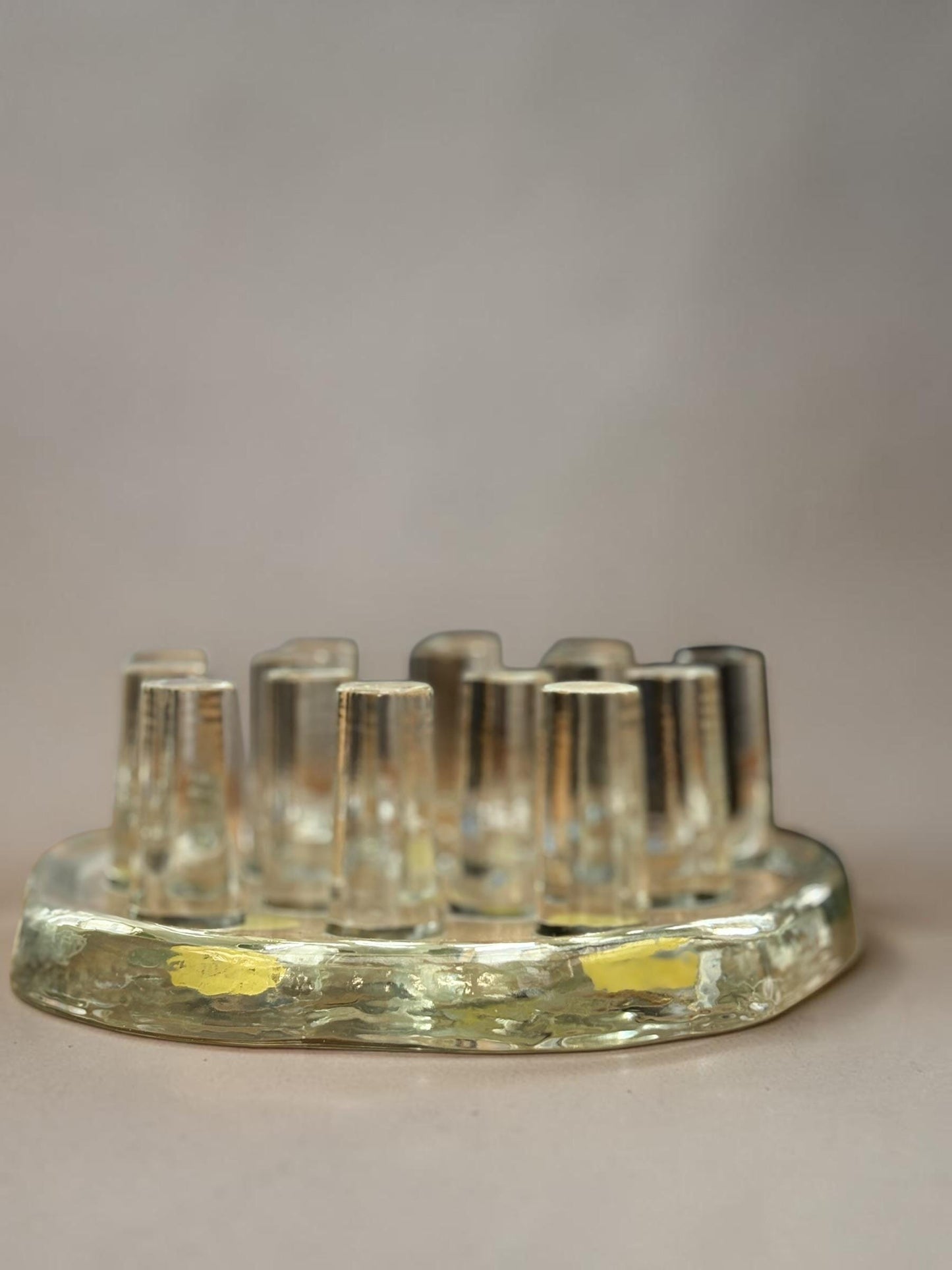 Georgshutte crystal candle holder vintage: German ice glass art multi pin centerpiece