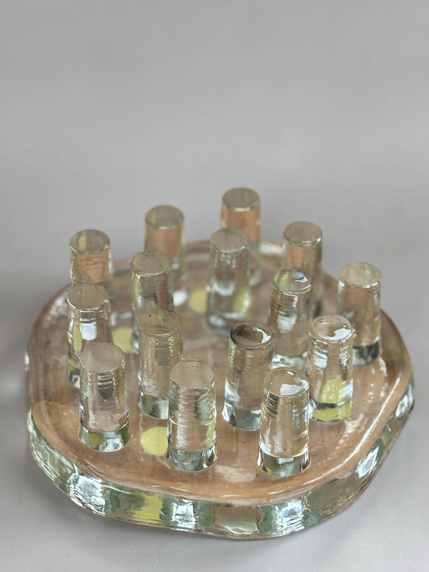 Georgshutte crystal candle holder vintage: German ice glass art multi pin centerpiece __etsy:8206337249