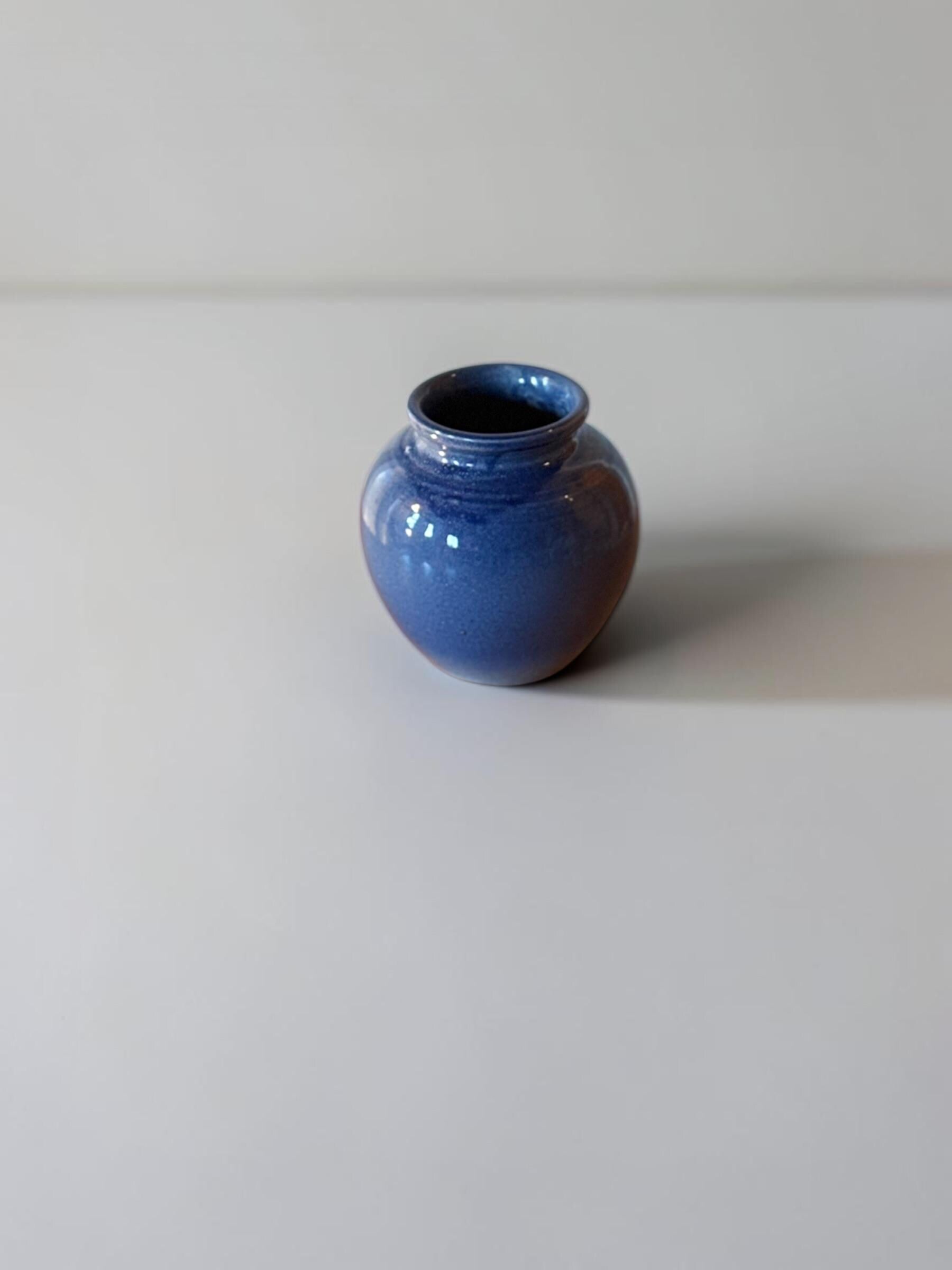 Vintage Danish studio pottery handmade ceramic bud vase in cobalt blue glaze