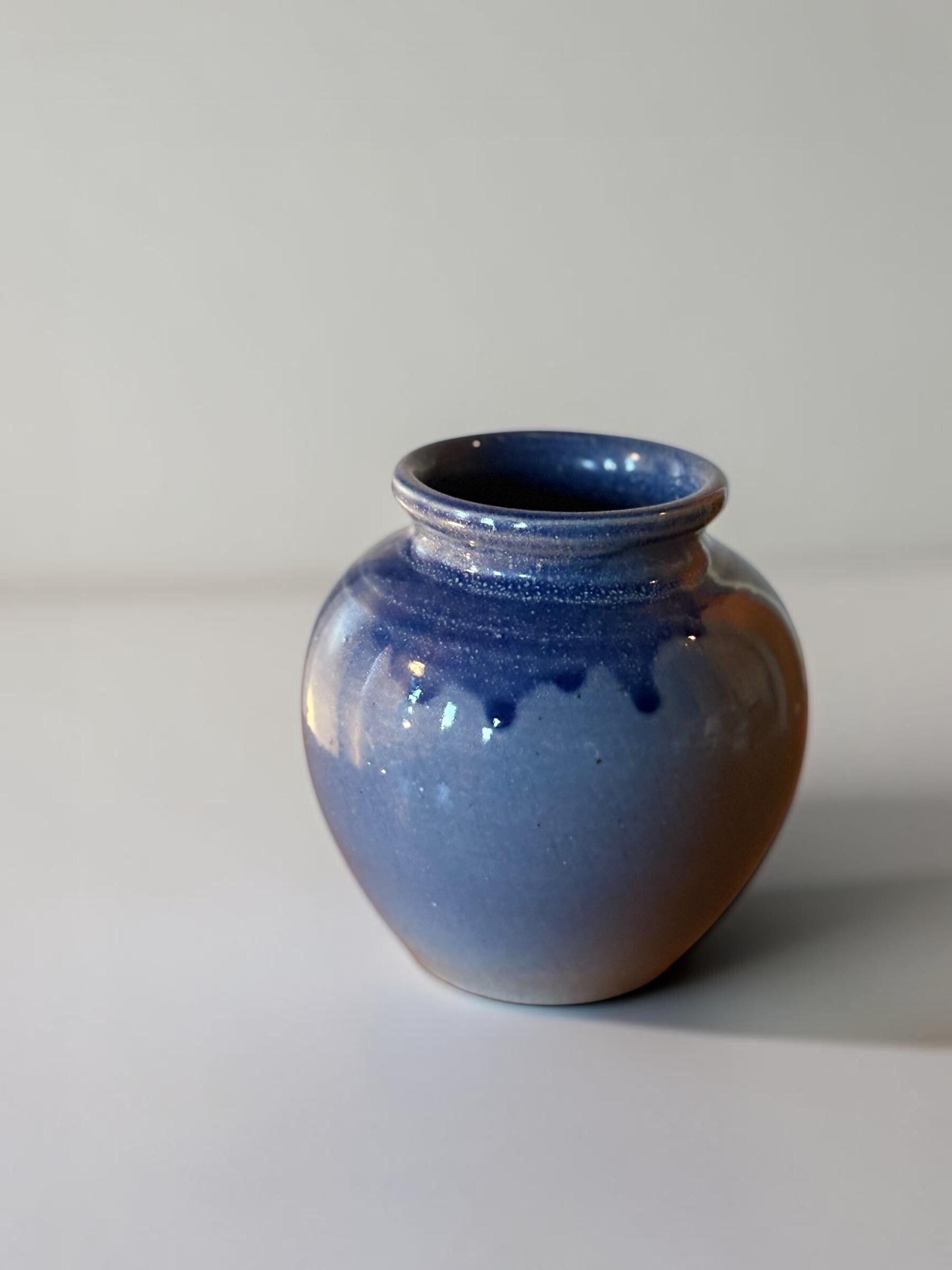Vintage Danish studio pottery handmade ceramic bud vase in cobalt blue glaze