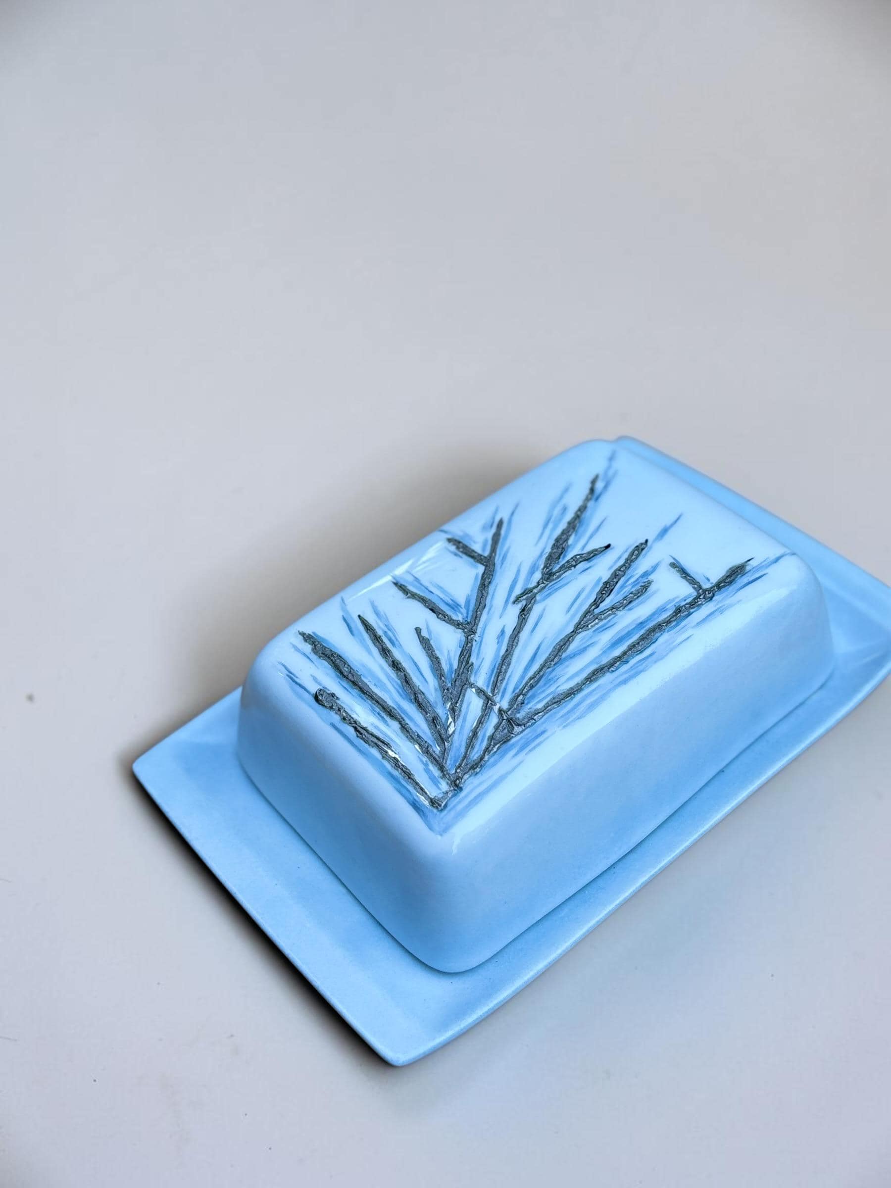 May include: A light blue ceramic butter dish with a rectangular base and a matching lid. The top of the lid features a dark grey, textured, hand-painted branch or twig design that contrasts with the smooth, matte finish of the light blue glaze.