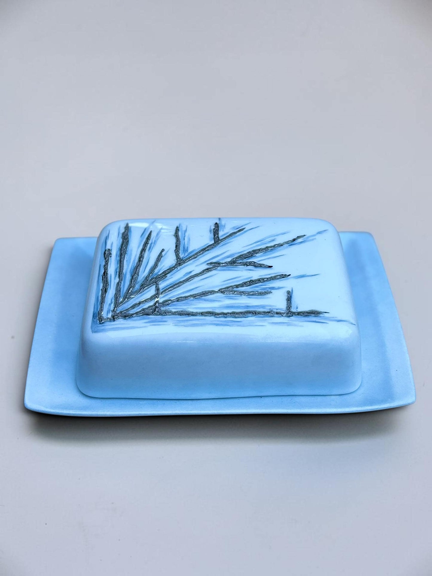 May include: A light blue ceramic butter dish with a rectangular base and a matching lid. The top of the lid features a dark grey, hand-painted abstract design resembling bare tree branches or radiating lines against the smooth, matte blue surface.