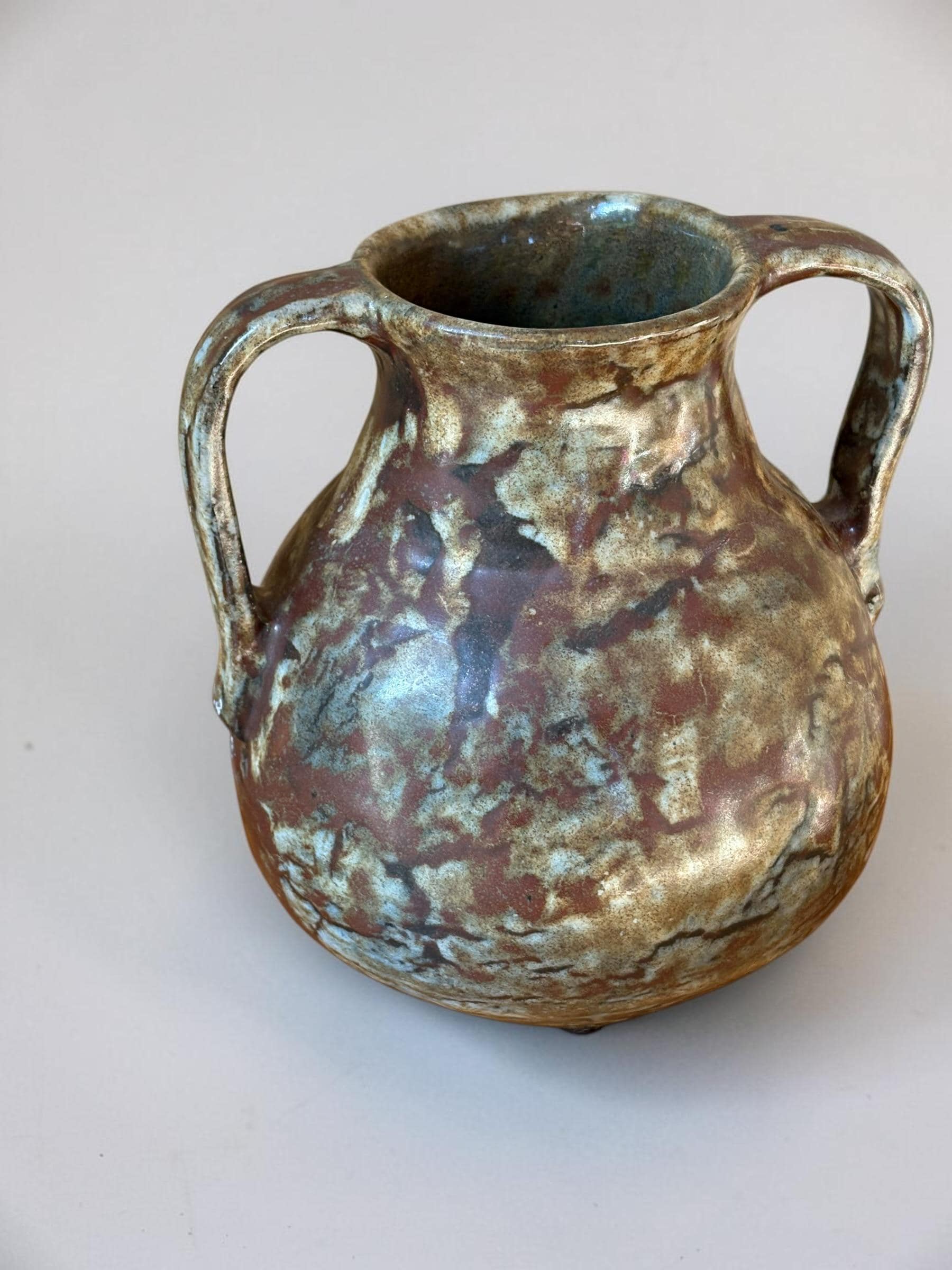 Signed Boris Vitlin handmade two-handle amphora vase with iridescent ash glaze