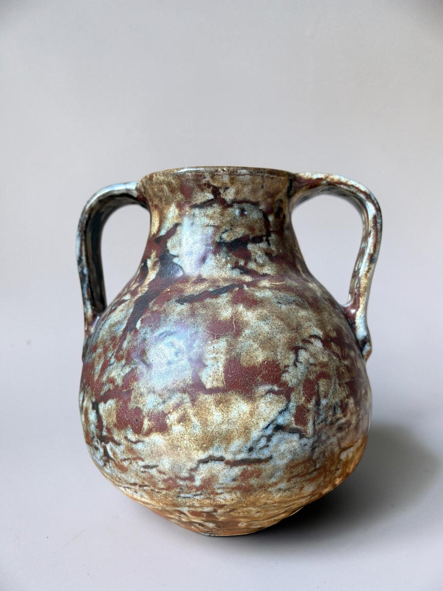 Signed Boris Vitlin handmade two-handle amphora vase with iridescent ash glaze
