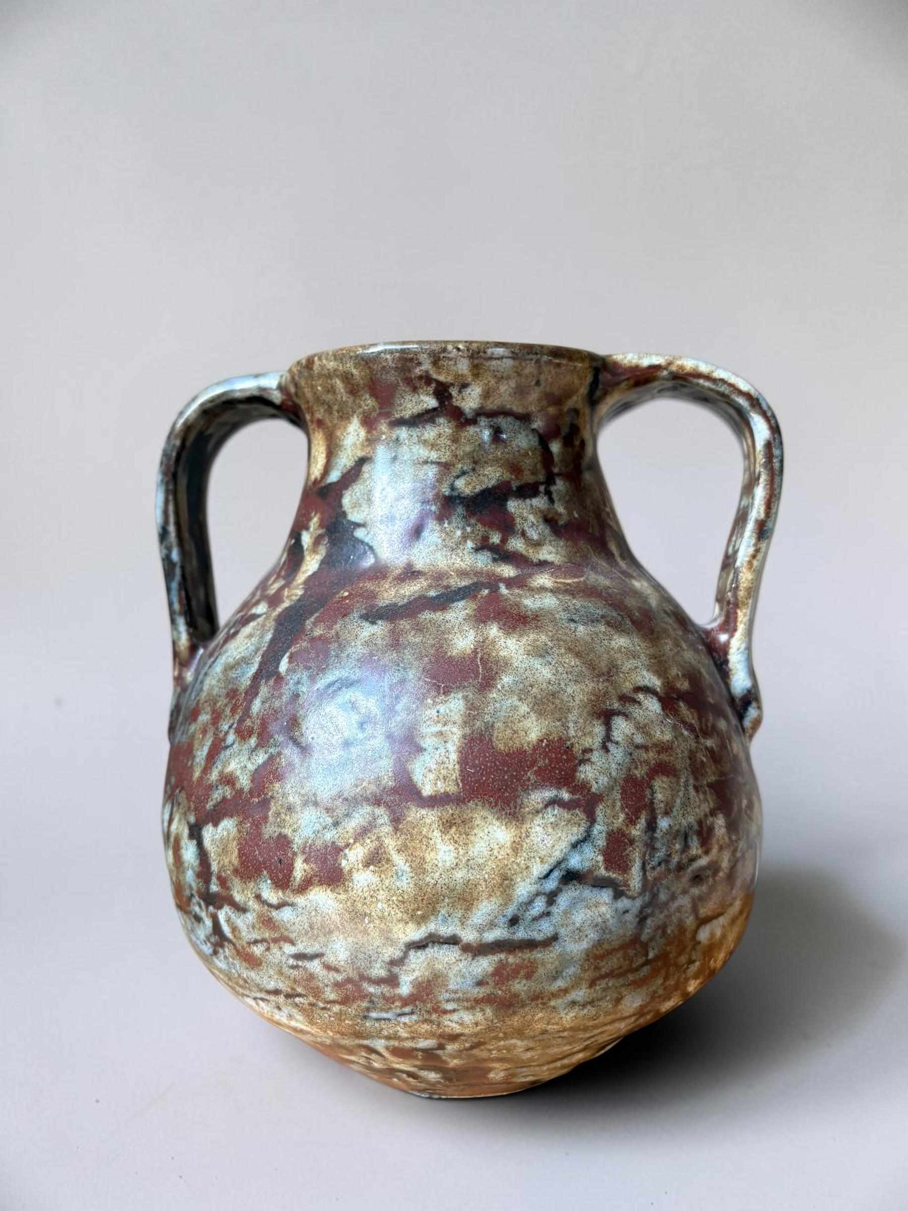 Signed Boris Vitlin handmade two-handle amphora vase with iridescent ash glaze