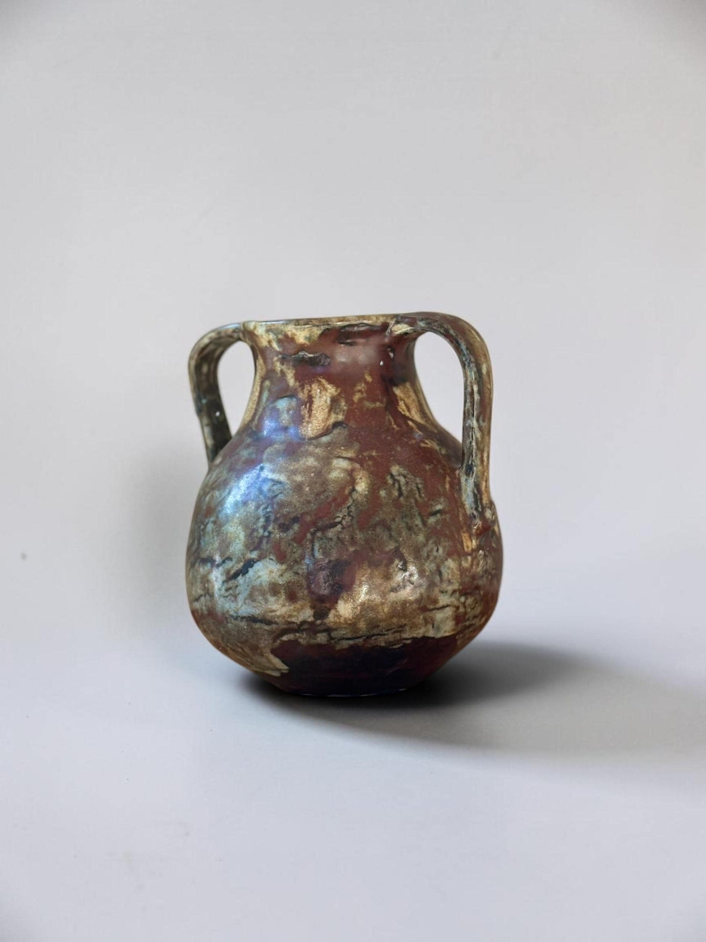 Signed Boris Vitlin handmade two-handle amphora vase with iridescent ash glaze