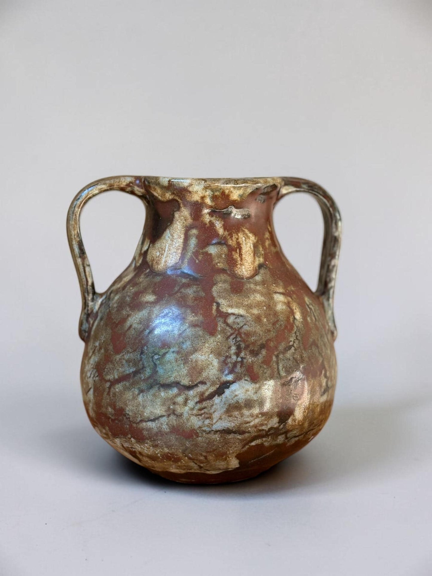 Signed Boris Vitlin handmade two-handle amphora vase with iridescent ash glaze