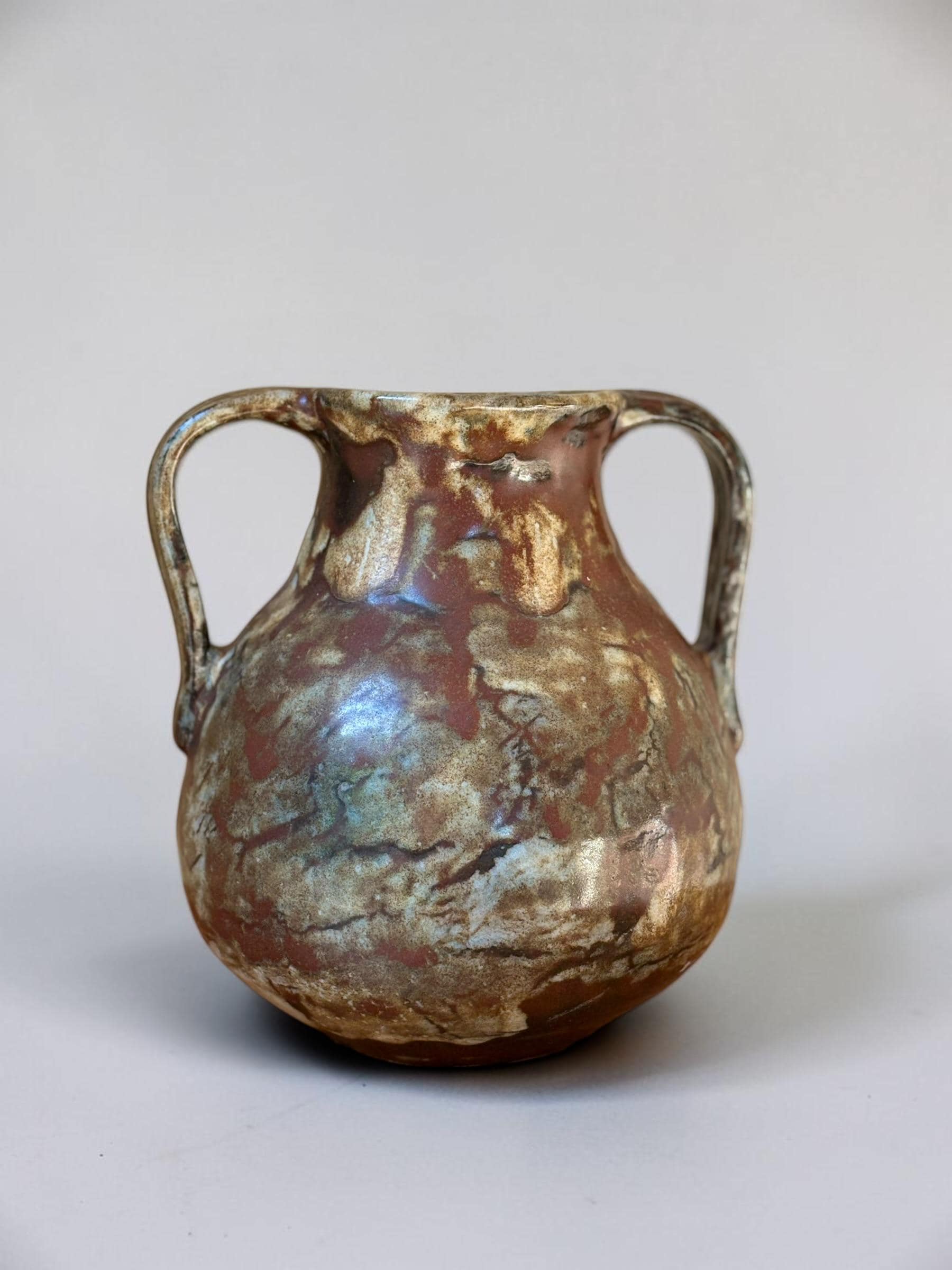 Signed Boris Vitlin handmade two-handle amphora vase with iridescent ash glaze