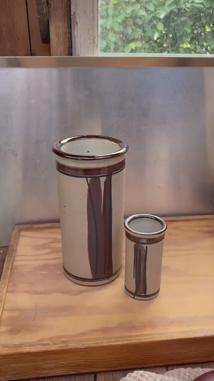 Hanne Stentøj Danish stoneware vase set cylindrical vases with brown brushstroke decor