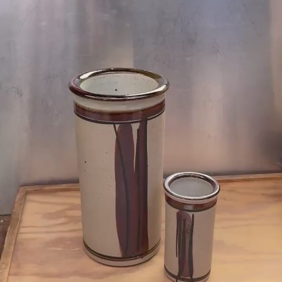Hanne Stentøj Danish stoneware vase set cylindrical vases with brown brushstroke decor